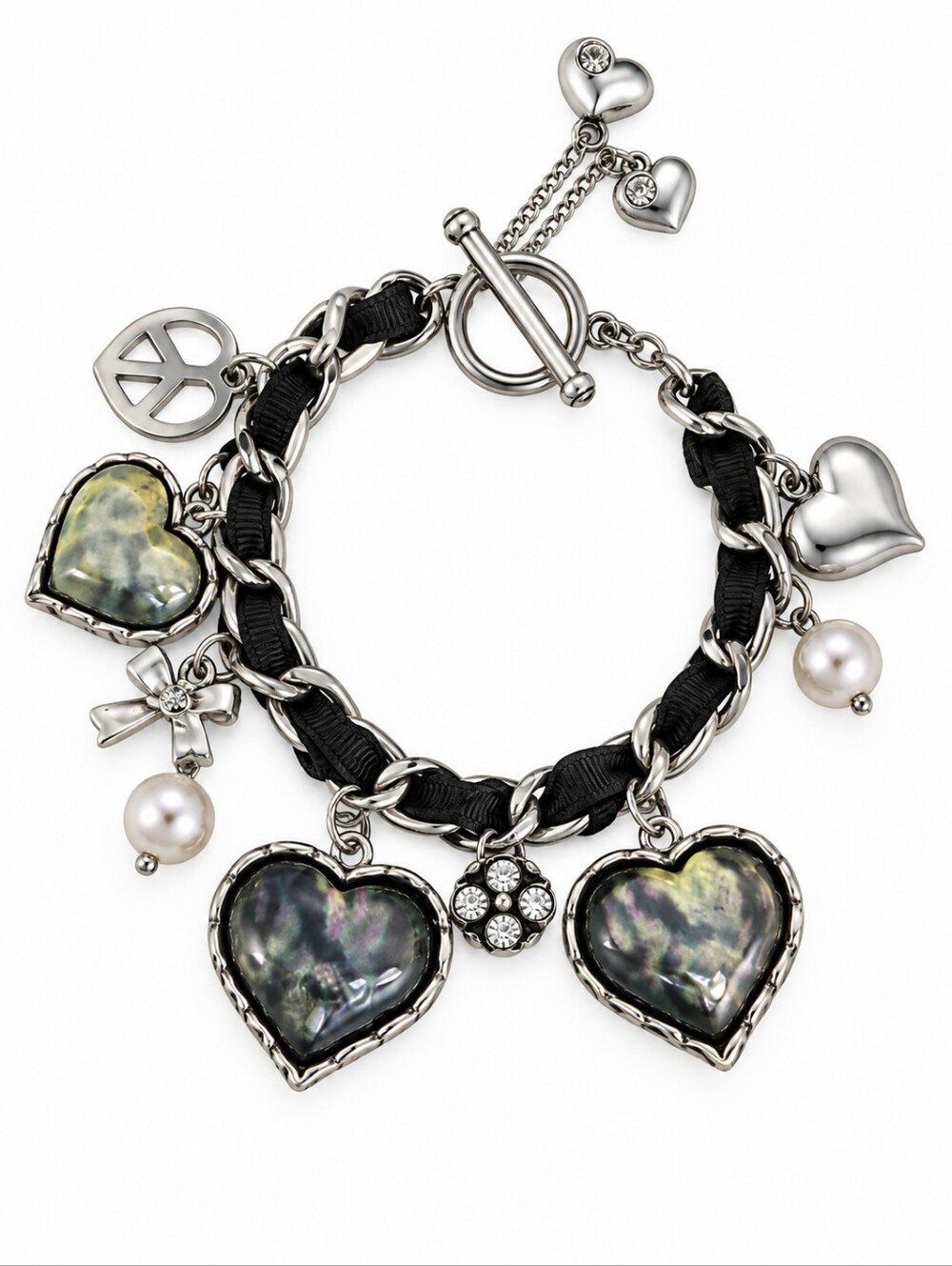 BETSEY JOHNSON Heart Pearl Peace Sign Woven Ribbon Chain Charm Bracelet